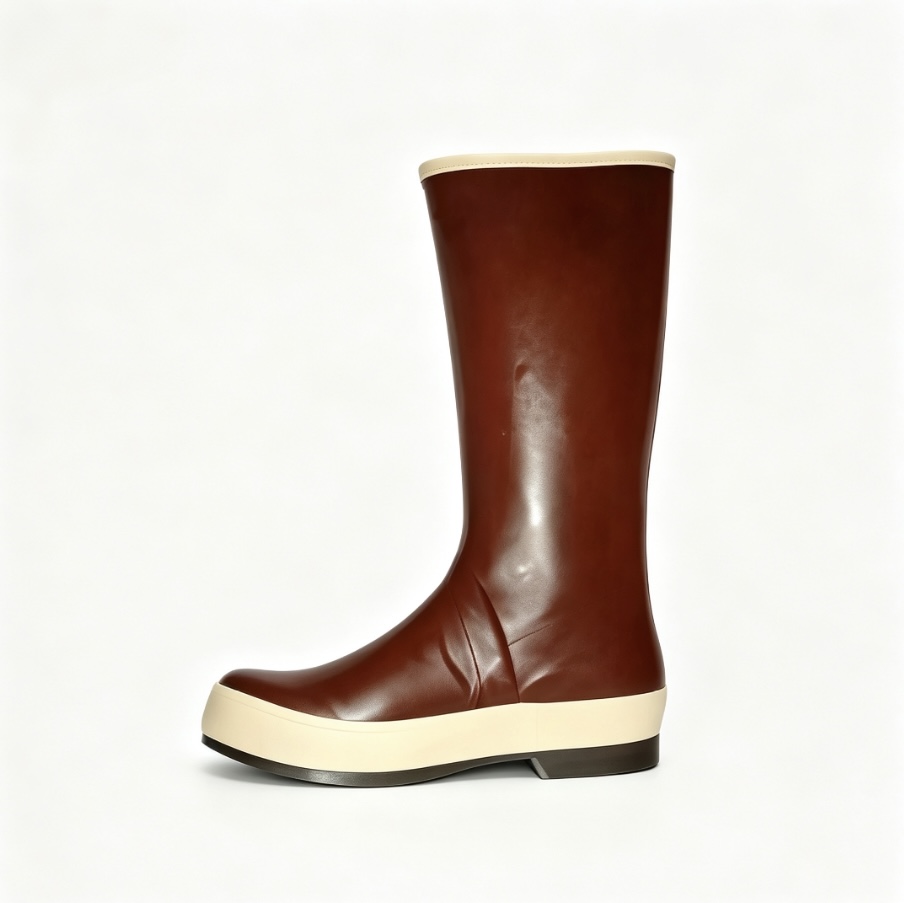 Brown tall rubber rain boot with cream trim non-slip thick sole, plain white square background